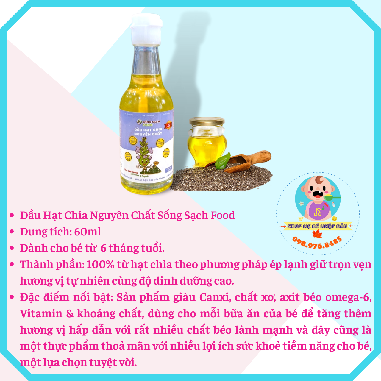 Dầu Hạt Chia Nguyên Chất 60ml Cho Bé Ăn Dặm - Sống Sạch Food