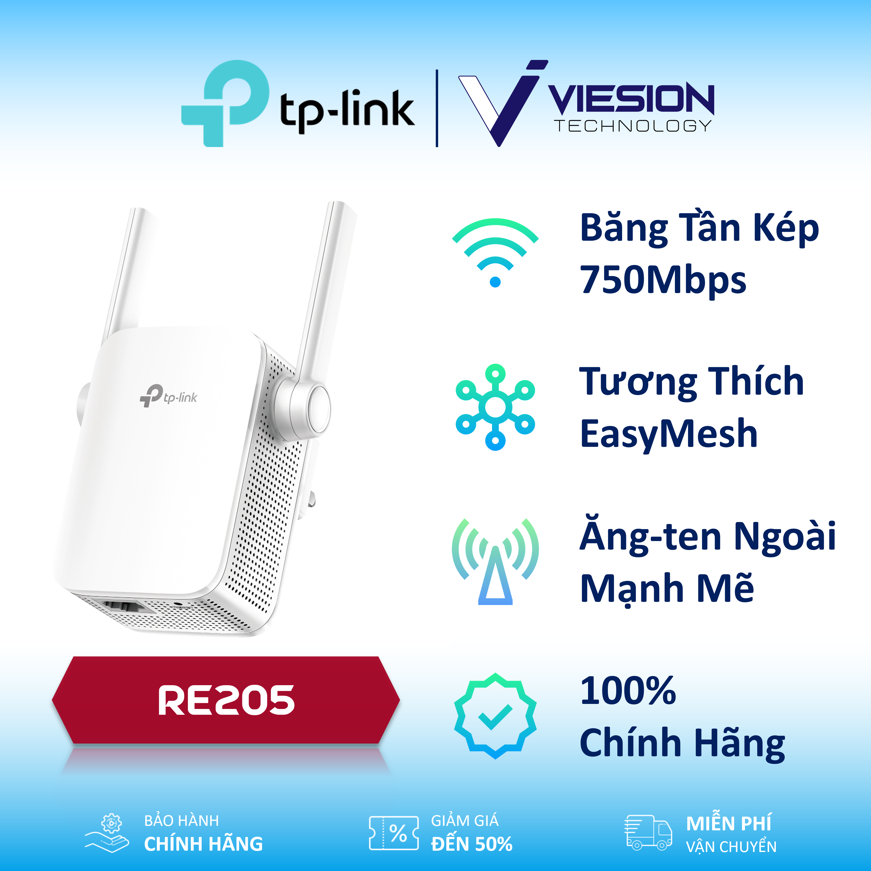 TP-Link RE205 - Bộ mở rộng sóng Wi-Fi Mesh AC750, băng tần kép tốc độ lên tới 750Mbps