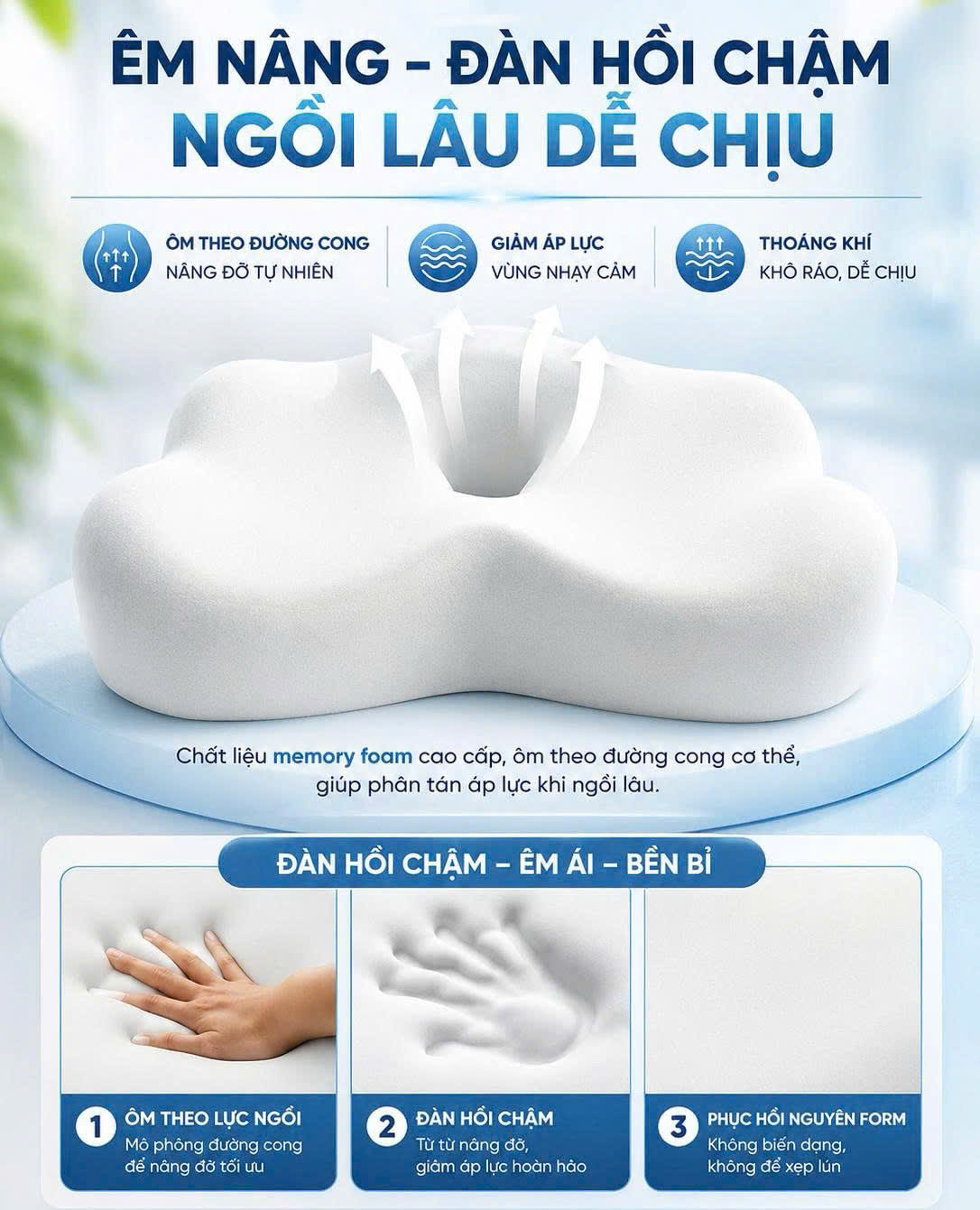 Đệm Ghế Memory Foam Công Thái Học Chữ W - Đệm Ngồi Văn Phòng Ghế Ô Tô - Đệm Lót Ghế Êm Ái Chống Trượt Thoáng Khí