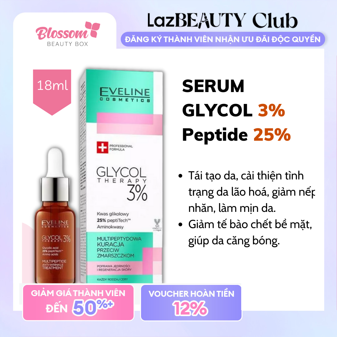 Serum chống lão hoá Eveline GLYCOL 3% + Peptide 25% 18ML
