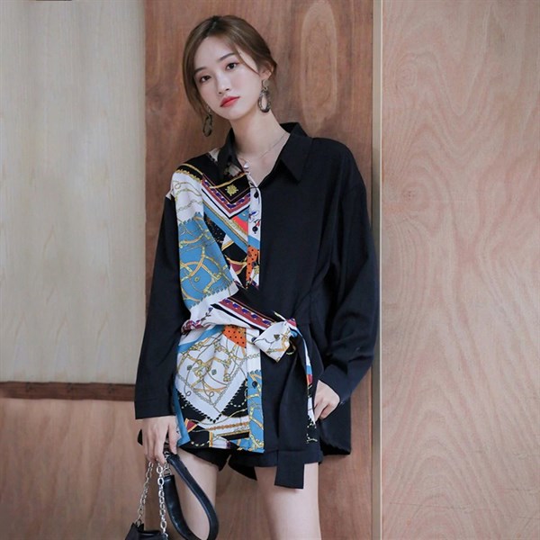 Sơ mi đen hoạ tiết 1 vạt cột dây S
