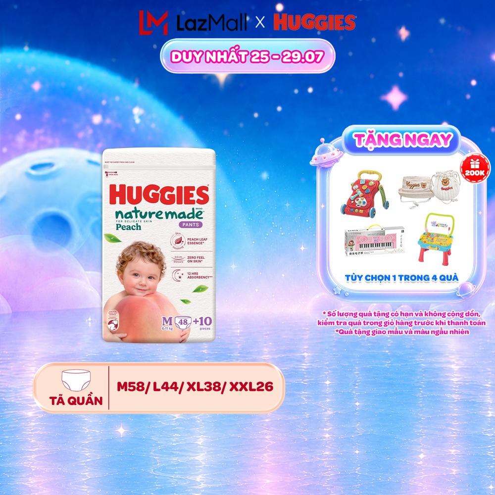 [Mới Ra Mắt] Tã quần Huggies Naturemade Peach M48+10/L44/XL38/XXL26