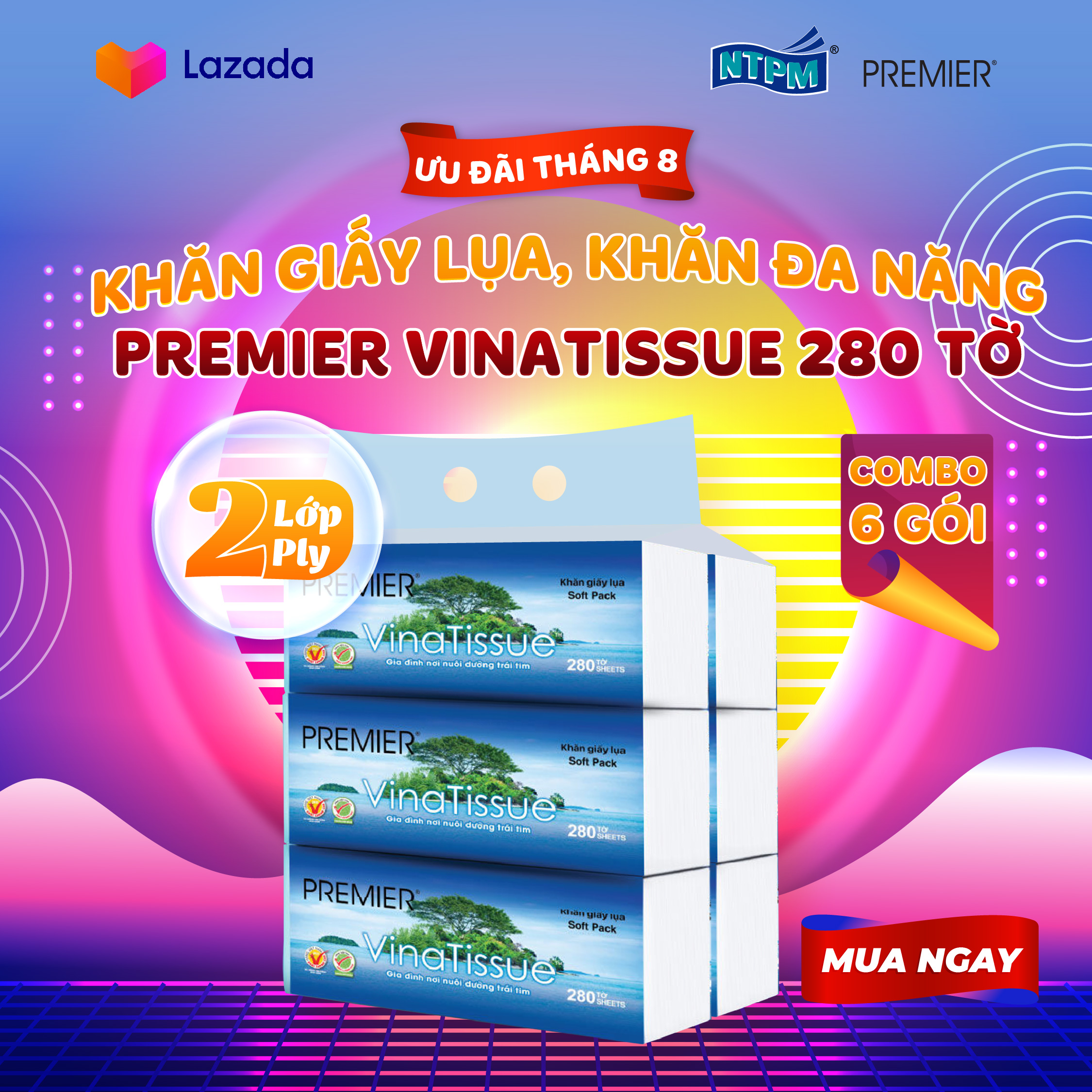 [MUA 5 TẶNG 1] Khăn giấy lụa, khăn đa năng Premier Vinatissue 2 lớp 100% bột giấy nguyên sinh, không chất tẩy 280 tờ