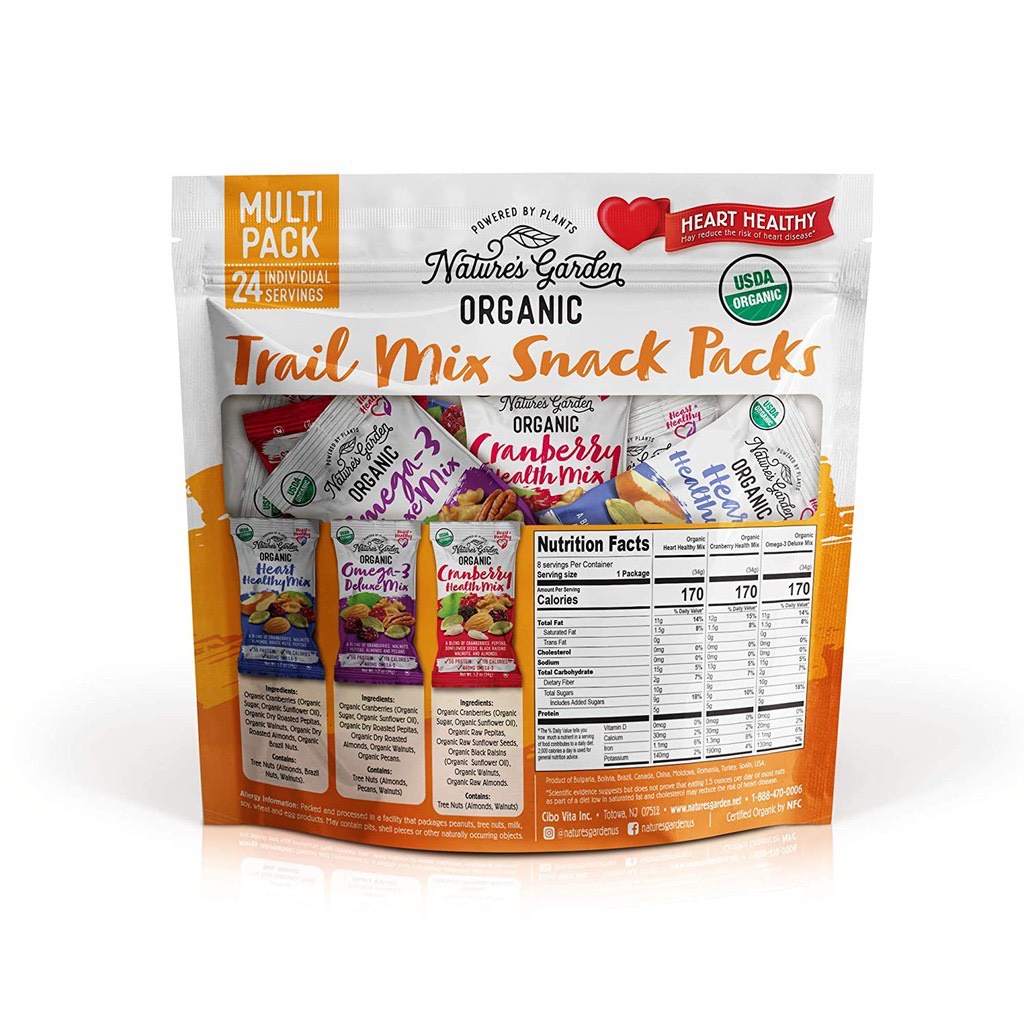 Hạt hỗn hợp Nature's Garden Organic - Trail Mix Snack Packs.816gram, 24 gói nhỏ.