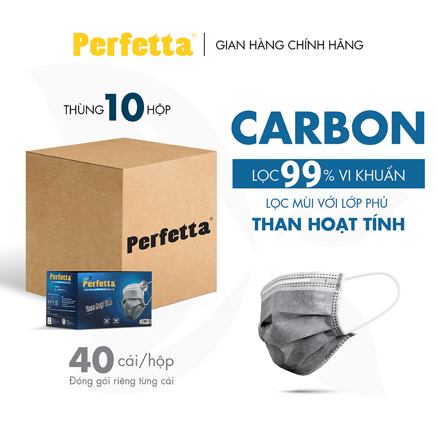 Thùng 400 cái khẩu trang y tế cao cấp 4 lớp than hoạt tính perfetta carbon