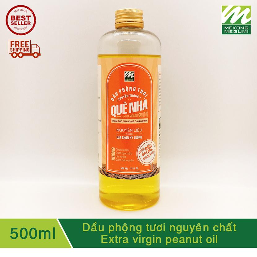 Dầu phộng (Dầu phụng, dầu lạc) tươi nguyên chất ép lạnh Mekông Megumi - 500ml. Thực phẩm tự nhiên lành mạnh cho người ăn chay, ăn kiêng