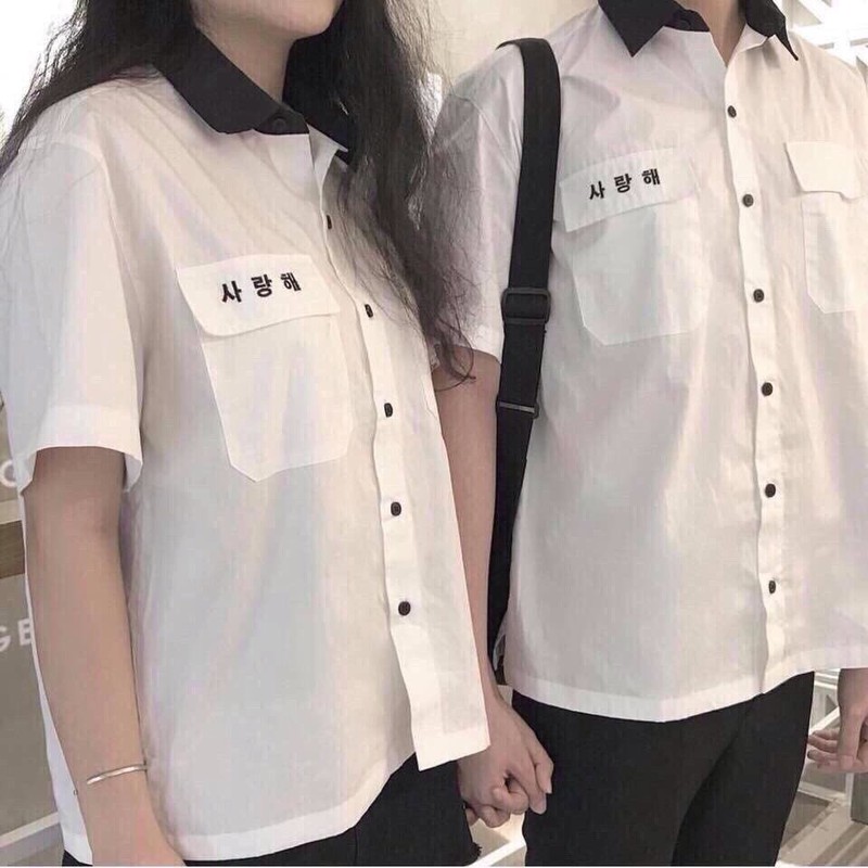 Áo sơ mi nam nữ hàn quốc thêu chữ trắng đen