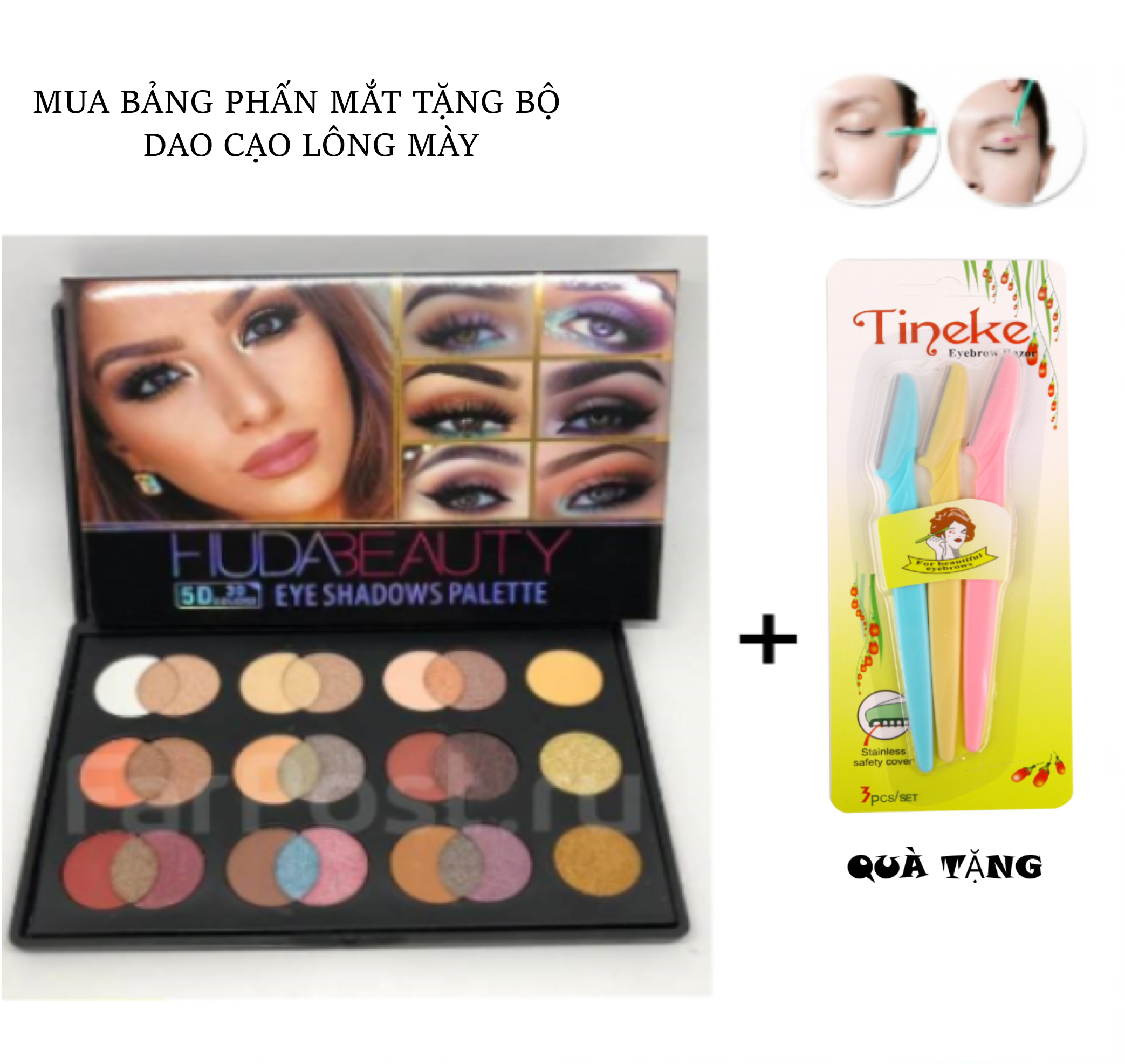 Bảng phấn mắt mix màu tặng bộ 3 dao cạo lông mày