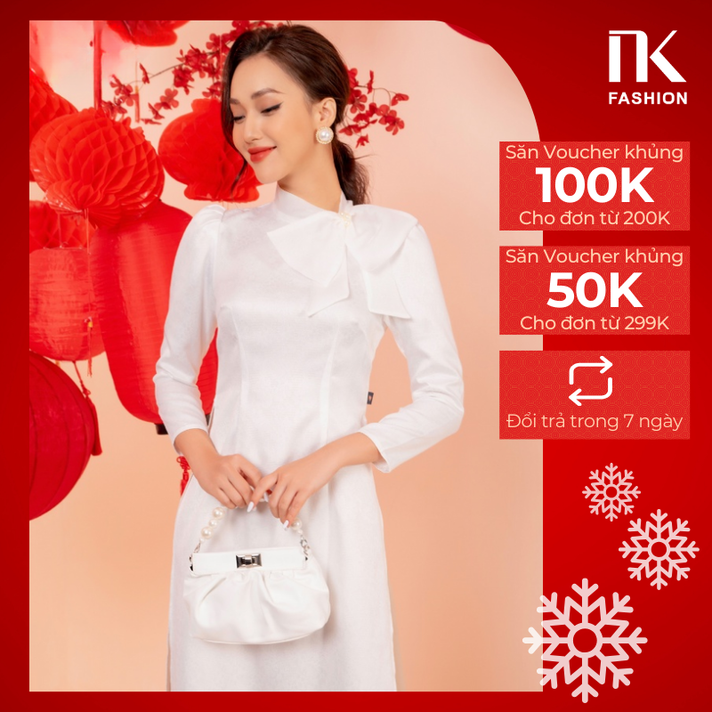 Áo dài gấm cách tân trắng nk fashion nkbd2112004 thiết kế hiện đại nơ cổ sang trọng, màu sắc trang nhã