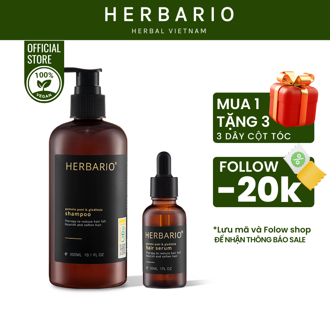 Liệu trình chăm sóc tóc gãy rụng dầu gội bưởi bồ kết 300ml, serum dưỡng tóc tinh dầu vỏ bưởi và bồ kết Herbario 30ml