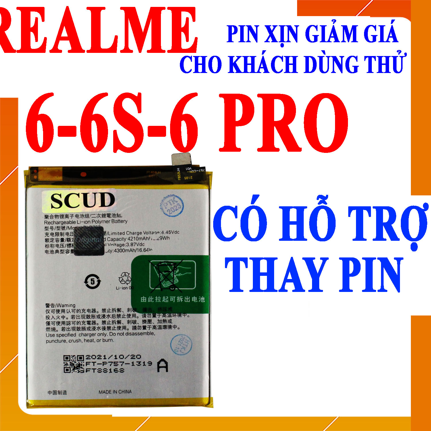 Pin scud cho realme 6 pro/6/6s mã blp757 dung lượng 4300mah