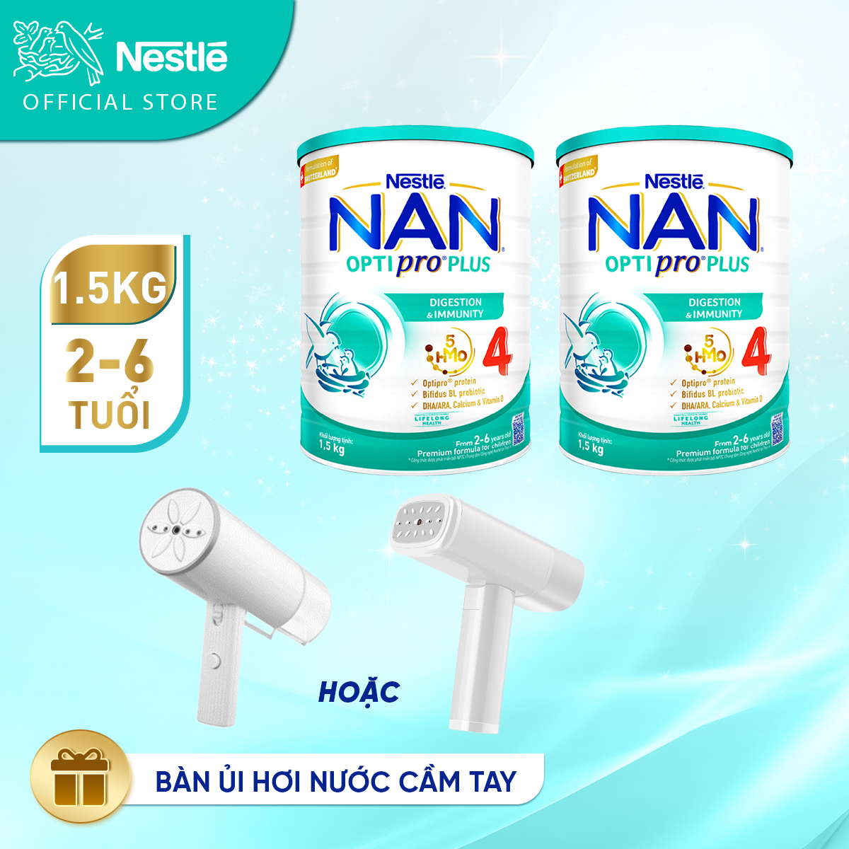 [Tặng Bàn ủi hơi nước cầm tay] Bộ 2 Lon Sữa bột Nestlé NAN OPTIPRO PLUS 4 với 5HMO xuất xứ Thụy Sĩ -