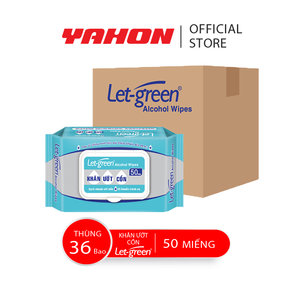 Thùng 36 bao khăn ướt cồn let-green diệt khuẩn, 50 miếng/bao
