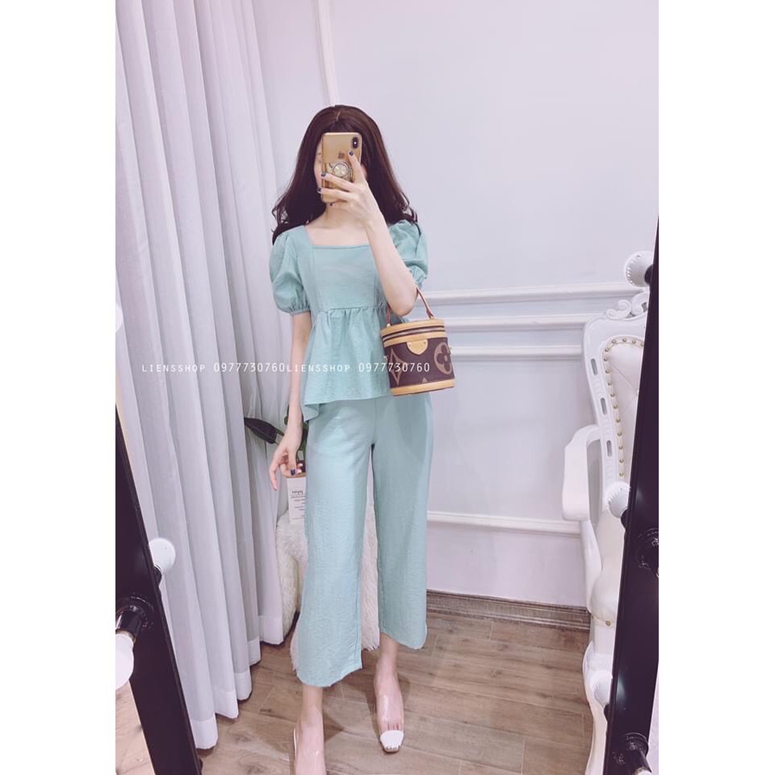 SET Bộ Đồ Nữ áo cổ vuông, quần ống rộng dáng lỡ chất đũi sước cao cấp