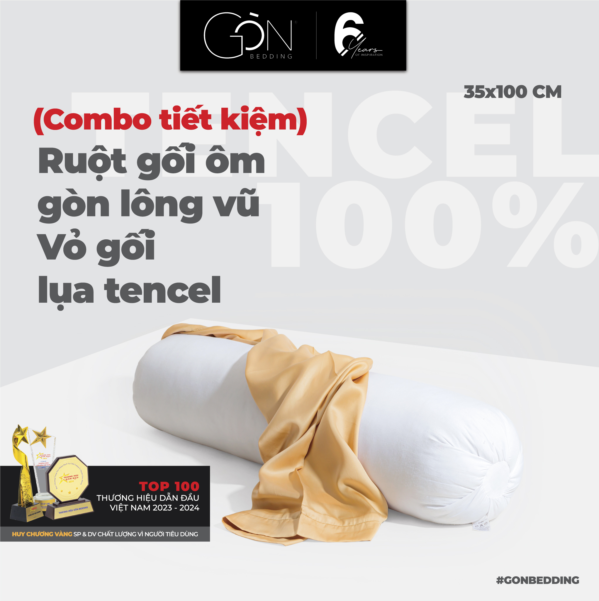 Combo Ruột Gối Gòn Và Vỏ Gối Ôm Lụa Tencel 60s Gòn Bedding Cao Cấp Màu Trơn 37x105 cm
