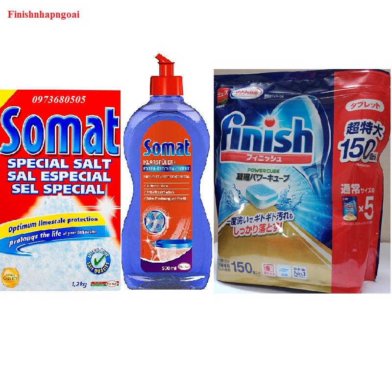 Combo viên rửa chén Finish 150 + Muối rửa bát somat 1,2kg+ Nươc làm bóng somat 750ml sản xuất tại Đức