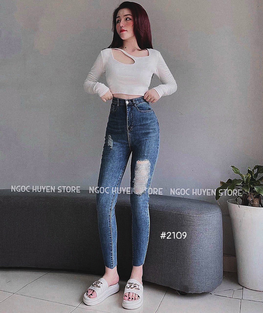 Quần jean nữ ôm rách gối đủ size-jt