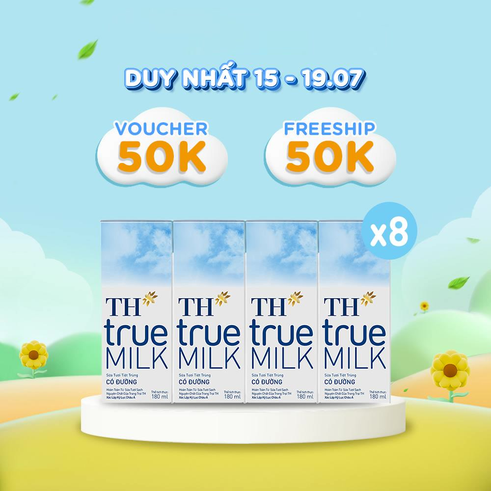 8 Lốc sữa tươi tiệt trùng có đường TH True Milk 180ml (180ml x 4 hộp)