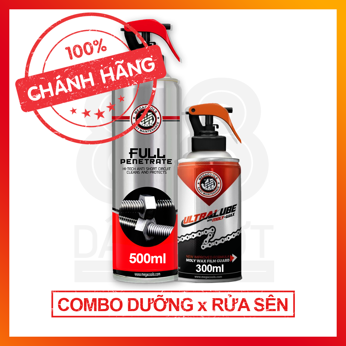 Combo tối ưu bảo dưỡng sên Megacools ULTRAL LUBE with MOLY WAX 300ml và vệ sinh sên Megacools FULL PENETRATE 500ml kèm bản chải vệ sinh sên 3D