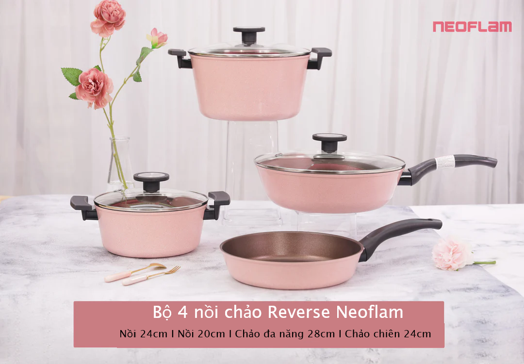 Bộ 4 món nồi, chảo chống dính reverse neoflam hàn quốc hồng đào. nồi 24 i nồi 20 i chảo đa năng 28cm i chảo chiên 24cm.