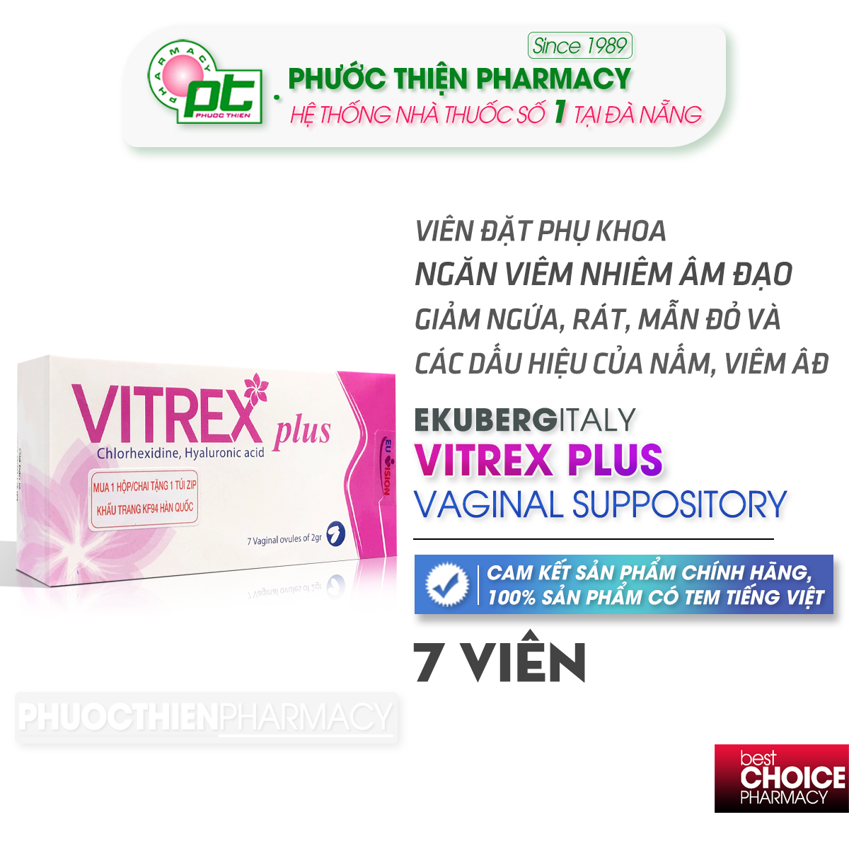 VITREX PLUS hộp 7 viên đặt ngăn ngừa nấm âm đạo, giảm ngứa rát