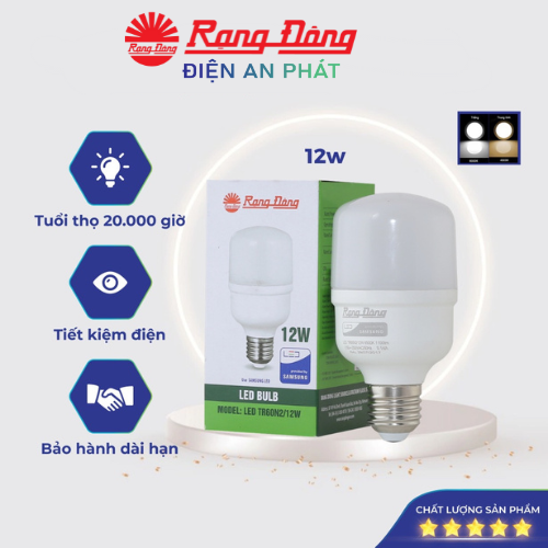 Bóng đèn led bulb trụ 12w rạng đông, siêu sáng tiết kiệm điện, model led tr60n2/12w