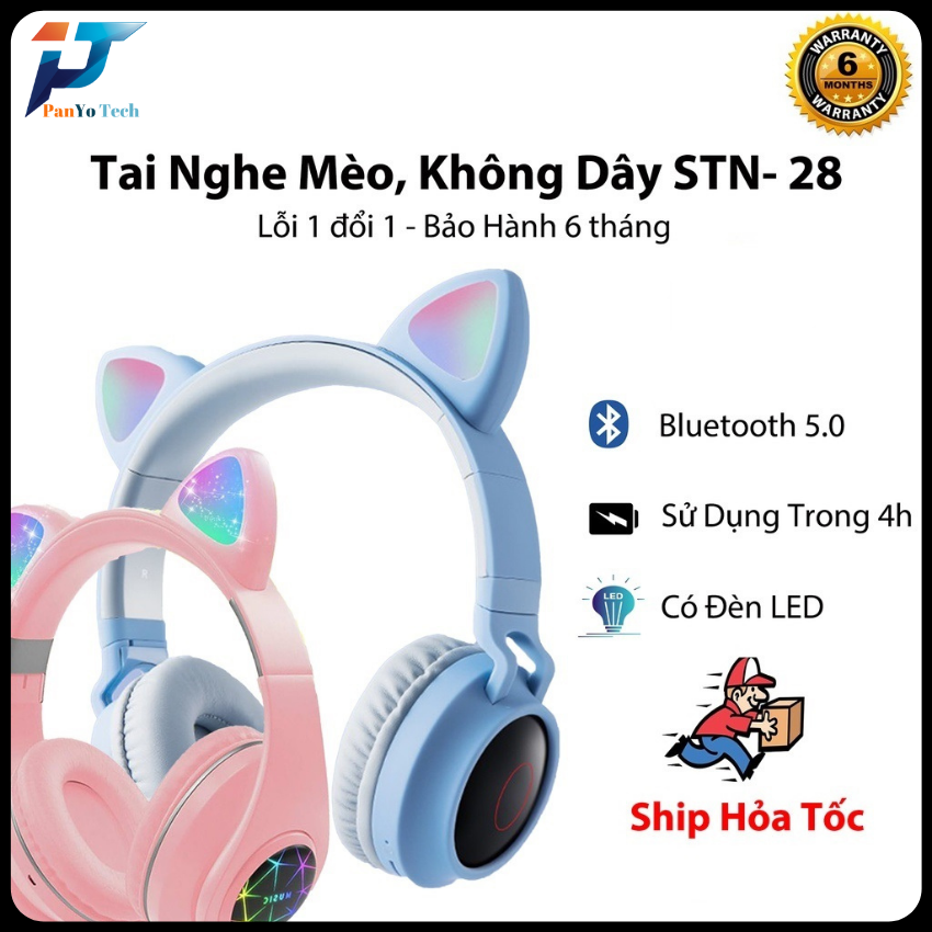 [FreeShip+Quà Tặng] Tai Nghe Bluetooth Chụp Tai Mèo Phát Sáng STN-28 Siêu Cute Có Mic GAMING Có Khe Cắm Thẻ Nhớ, Jack 3.5mm. Có đèn led – Kết nối bluetooth 5.0 - Tai headphone có micro – hỗ trợ điều chỉnh âm lượng – Có cổng AUX
