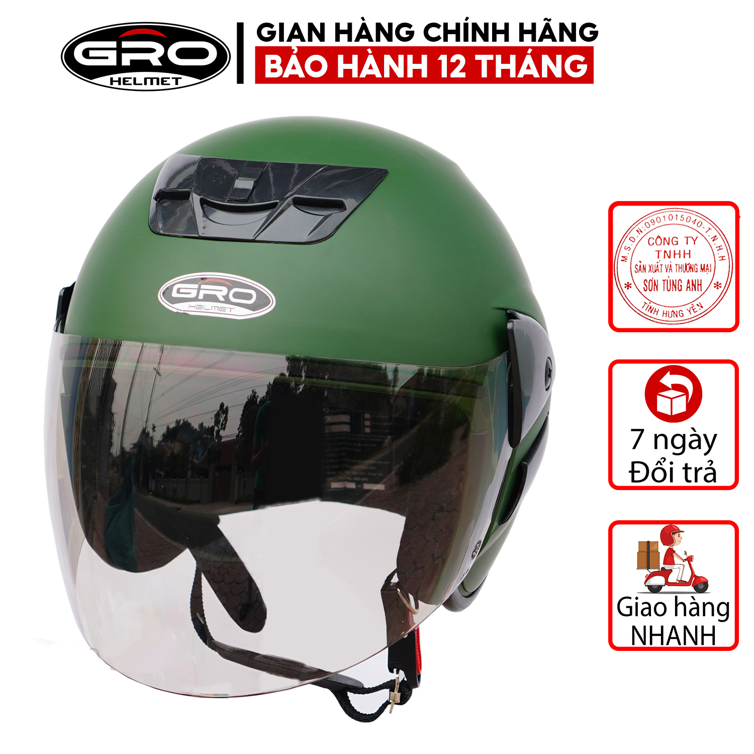 Mũ Bảo Hiểm 3 4 đầu GRO Helmet V2 có kính dài