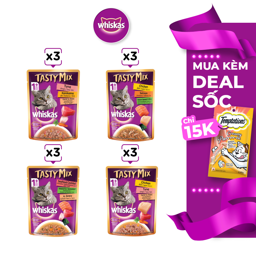 WHISKAS Tasty Mix Thức ăn cho mèo lớn dạng sốt 70g