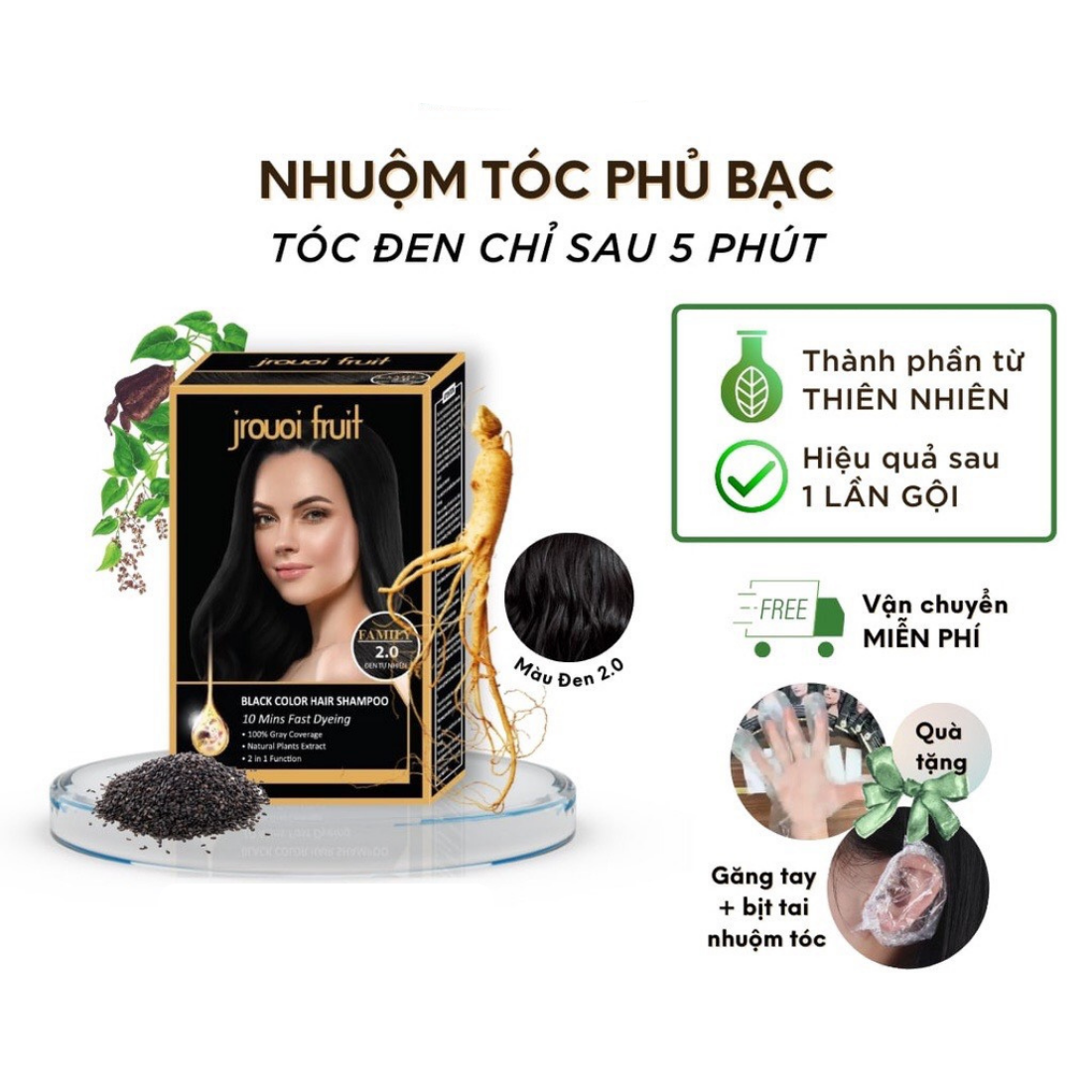 Dầu gội nhuộm đen tóc nâu cafe hạt dẻ thảo dược Jrouoi Fruit chính hãng dạng gói phủ bạc cực tốt