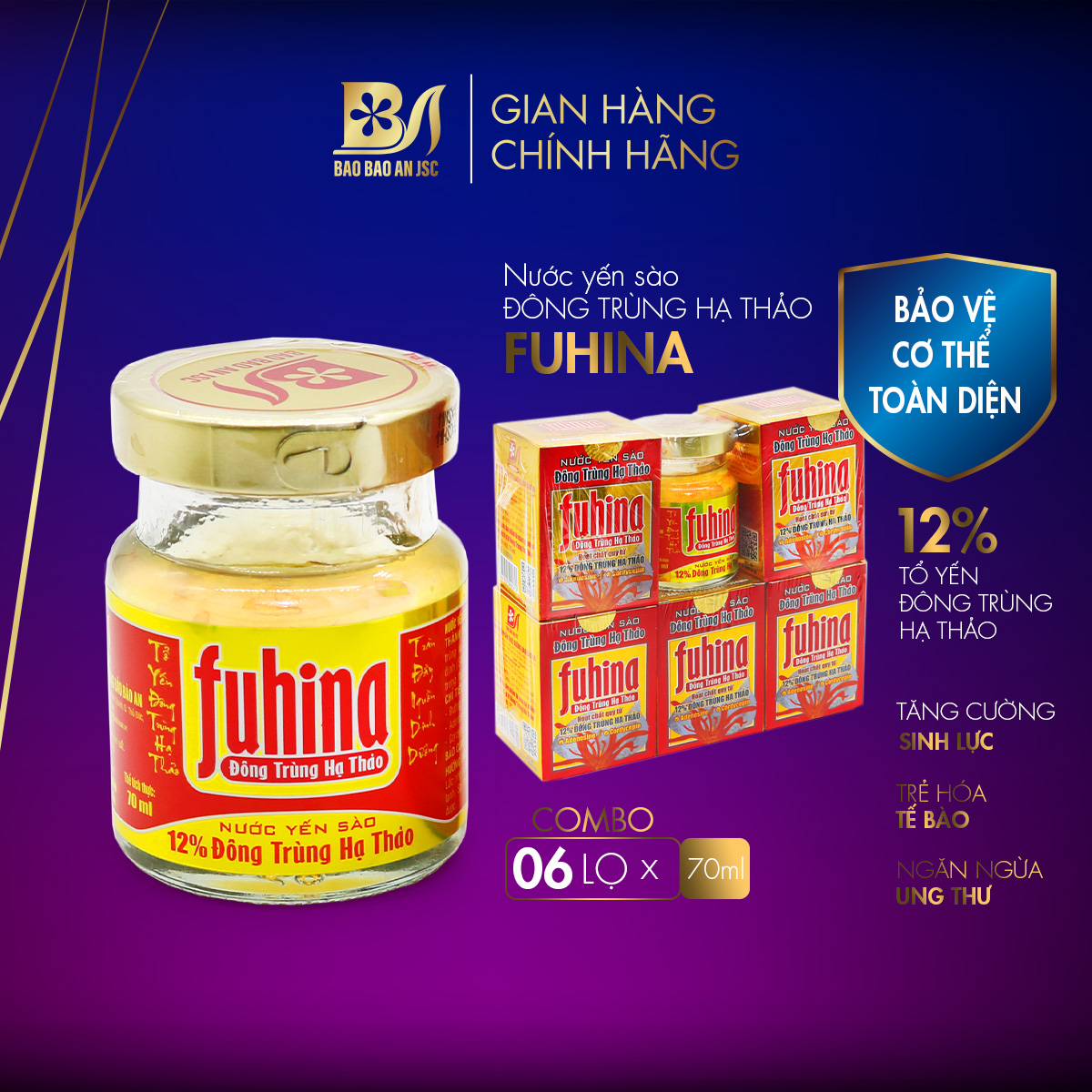 (MUA 5 TẶNG 1) Nước Yến Sào Đông Trùng Hạ Thảo FUHINA 12% ( 6 lọ x 70ml )