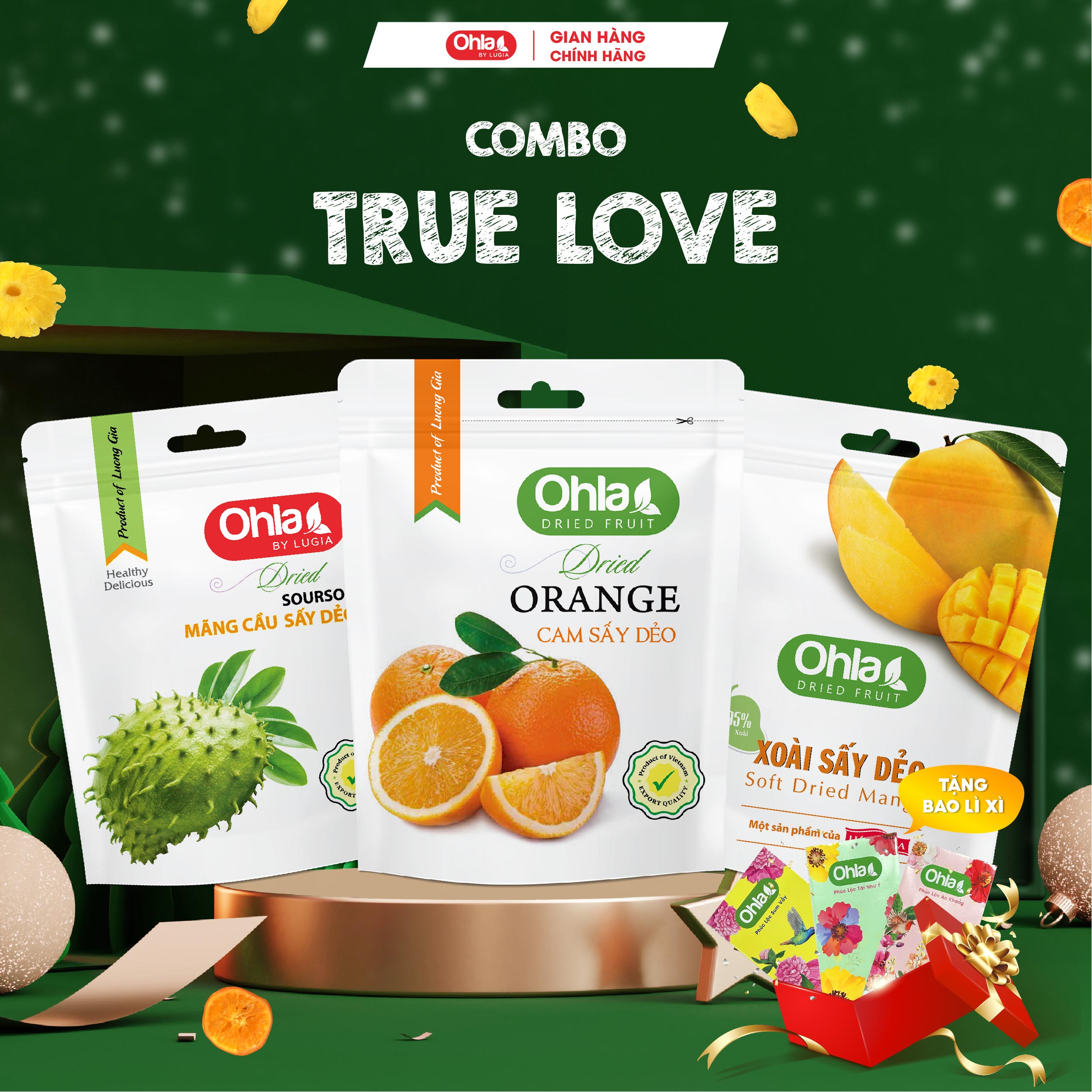 Combo true love - xoài sấy dẻo 100g, cam sấy dẻo 100g, mãng cầu sấy dẻo 100g