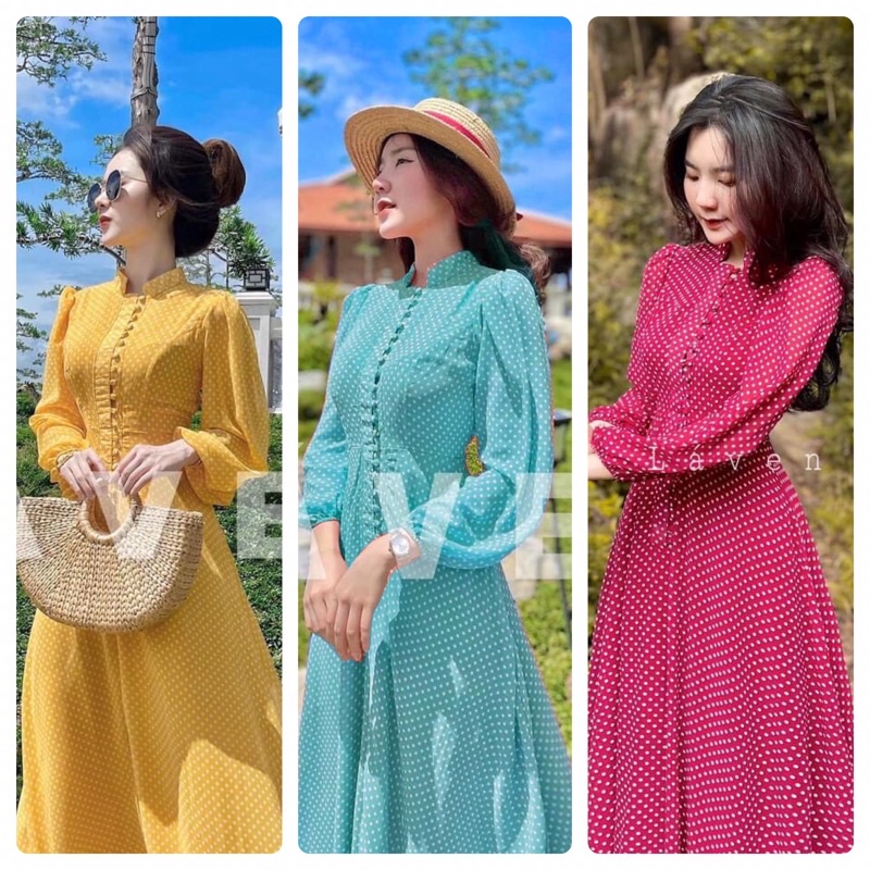 Đầm dự tiệc chấm bi tay dài phối nút cài duyên dáng hàng cao cấp.