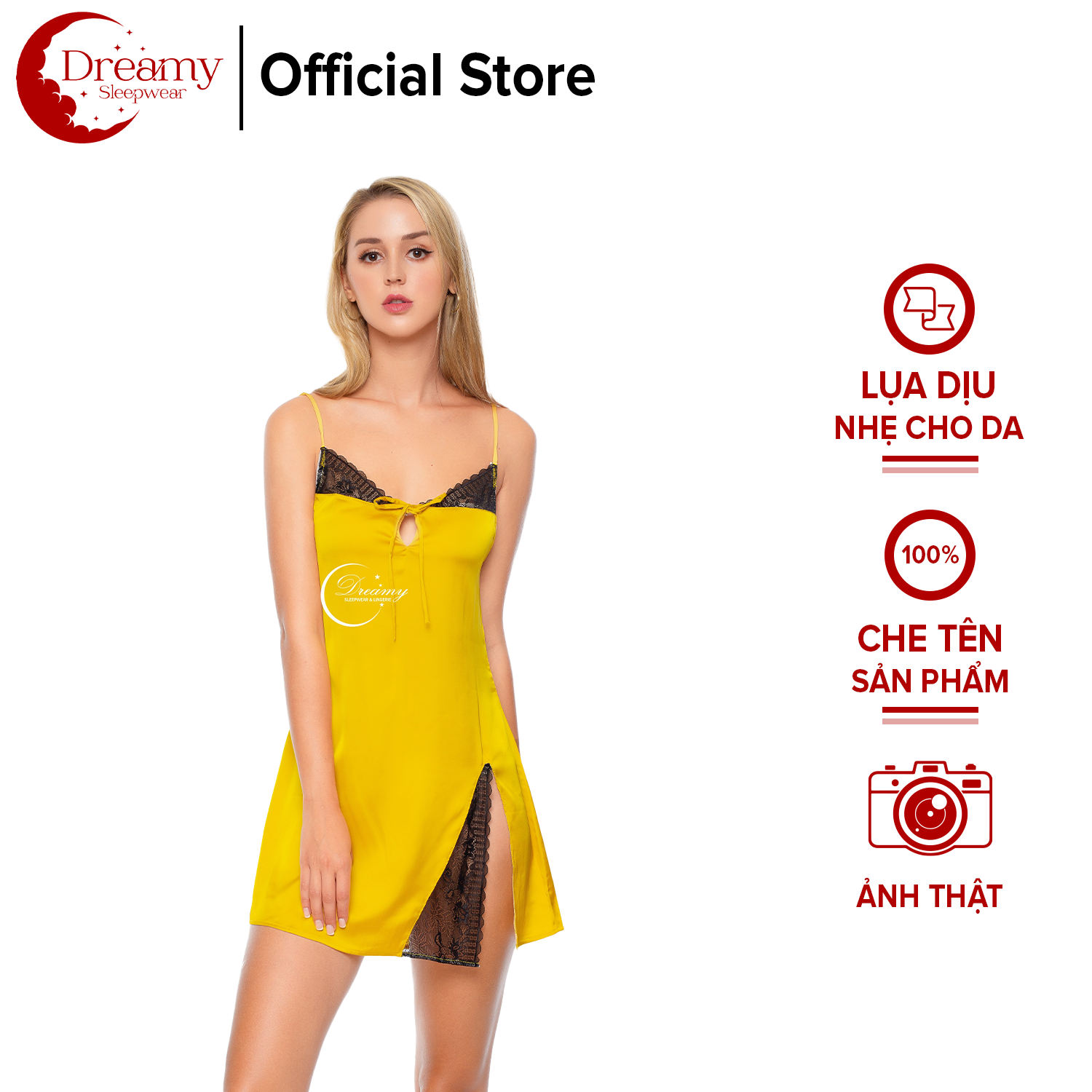 Đầm ngủ hai dây, đầm mặc nhà lụa mềm mịn,Đồngủ nữ ,Đồngủ 2 dây phối ren 3D thắt nơ ngực xẻ tà quyến rũ màu vàng đồng Dreamy - VS06