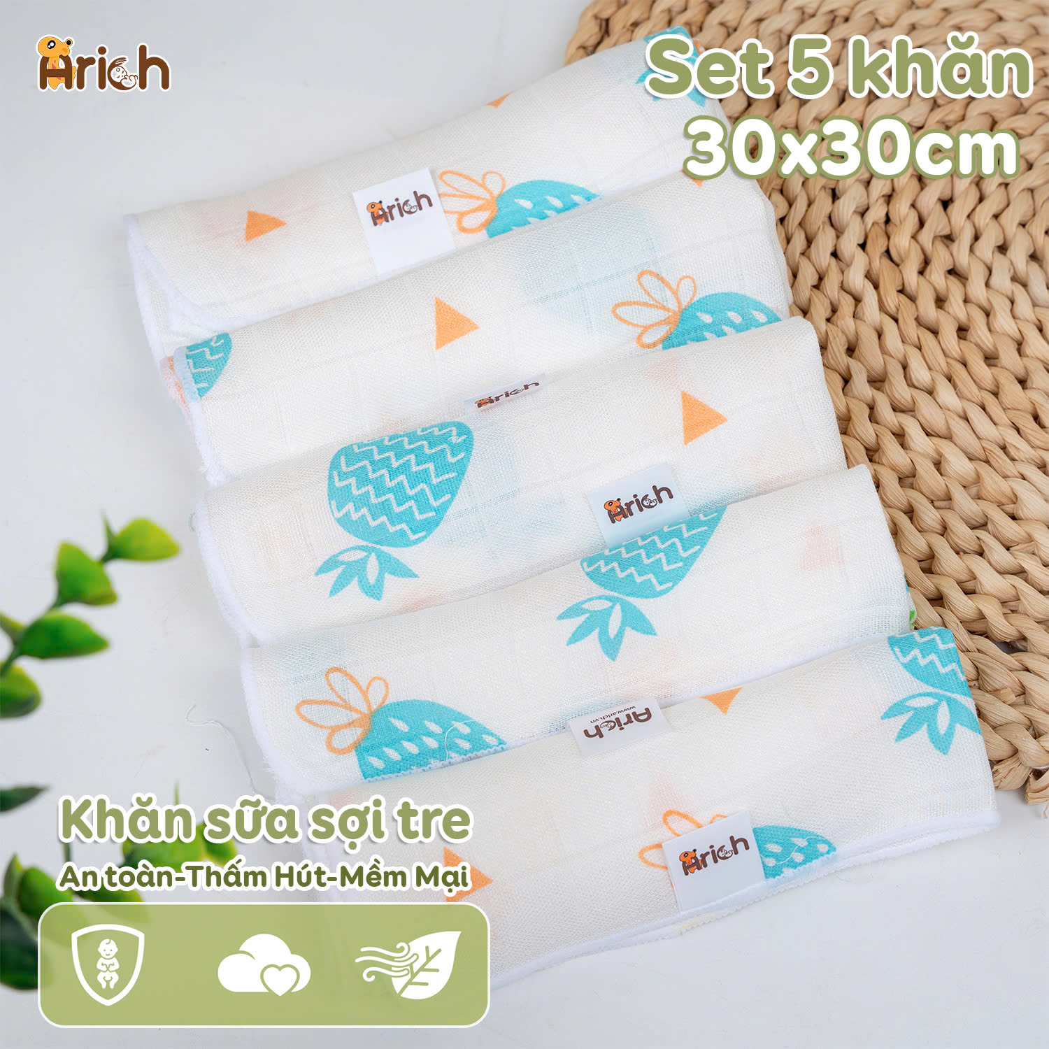 Khăn sữa sợi tre arich, sét 5 khăn sữa họa tiết mới, cao cấp, mềm, mịn cho bé kích thước 30x30cm