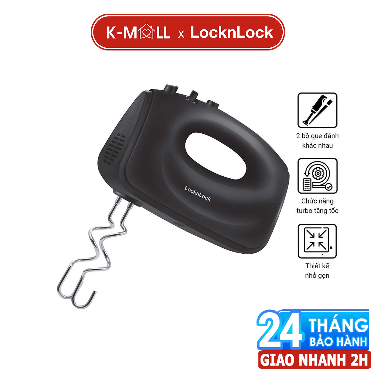 Máy đánh trứng locknlock hand mixer màu đen 250-300w ejm501dgry dễ sử dụng - k-mall