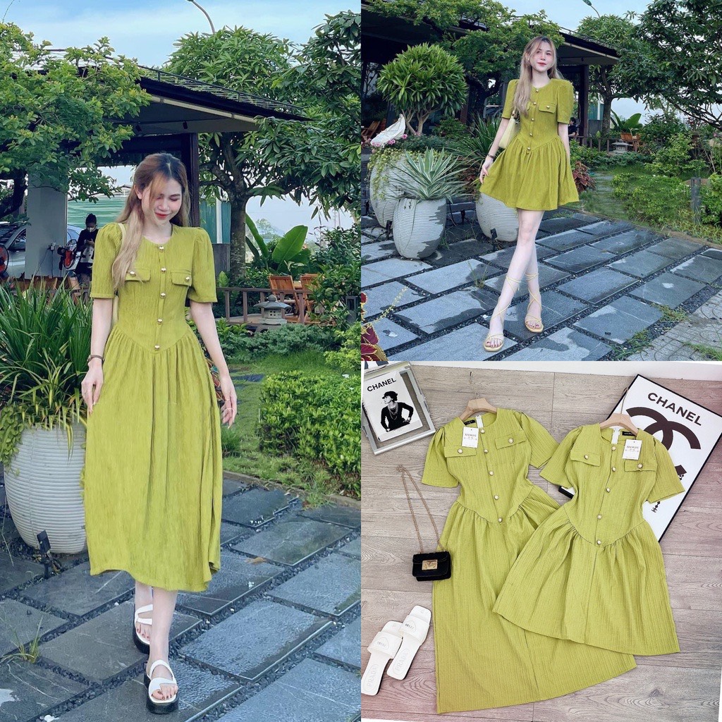 Đầm xòe - váy tiểu thư xanh cốm cúc đồng, có 2 dáng dài và ngắn, đủ size