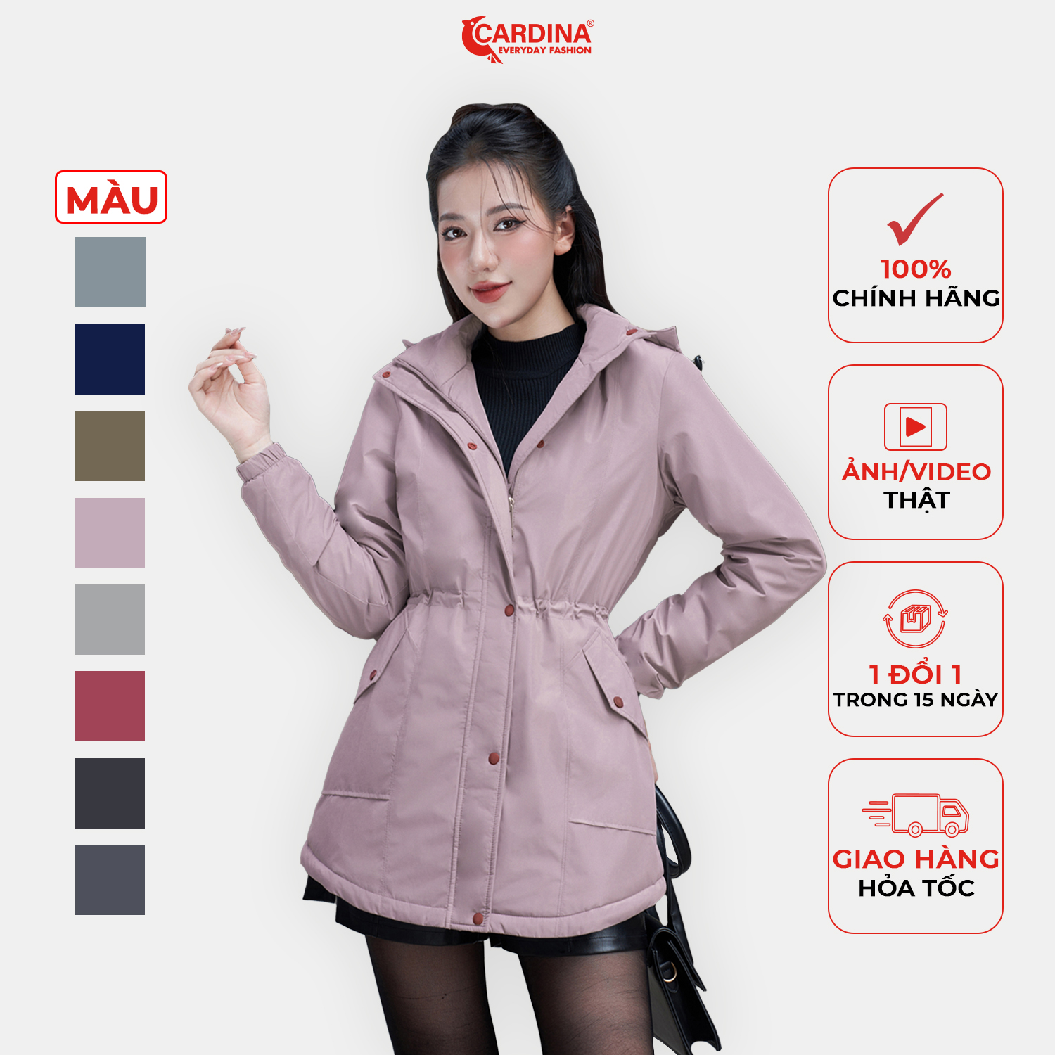 Áo khoác parka nữ CARDINA chống nước lót lông cừu rút eo có mũ thiết kế trẻ trung hiện đại 3PKF01