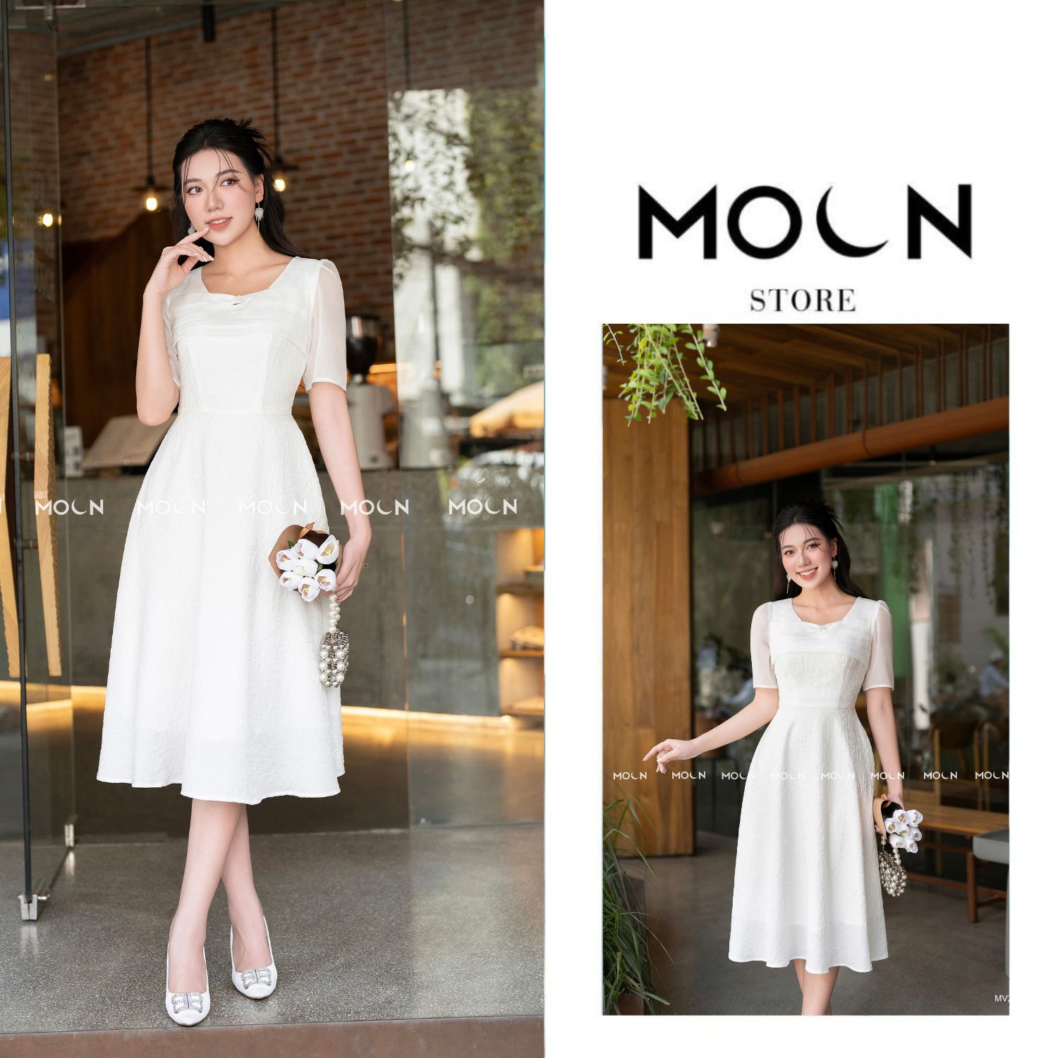 Váy dài nữ Moon liền thân, đầm xòe thiết kế thắt eo dáng dài sang chảnh chất tằm xốp vân cao cấp MV260