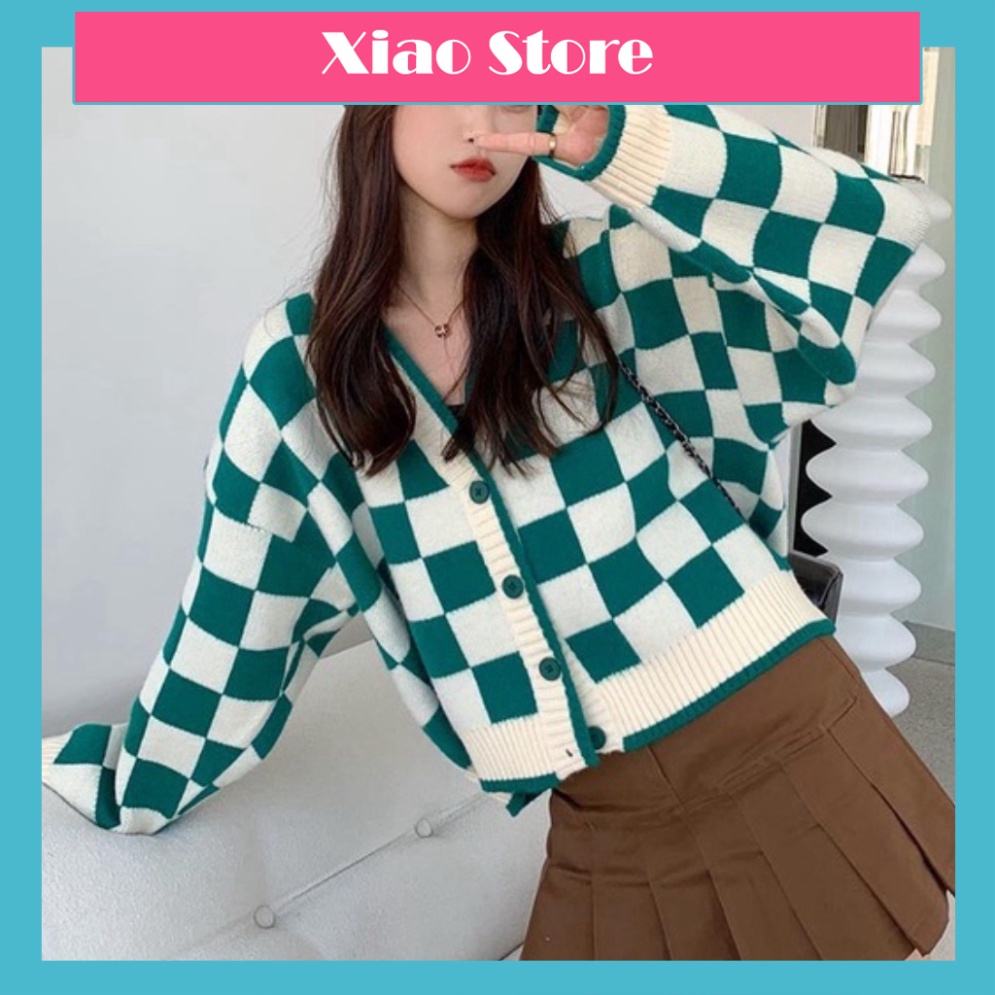 Áo khoác cardigan len dáng croptop sọc caro blue color phong thái korea A665 xiaostore Phong cách ulzzang cao cấp