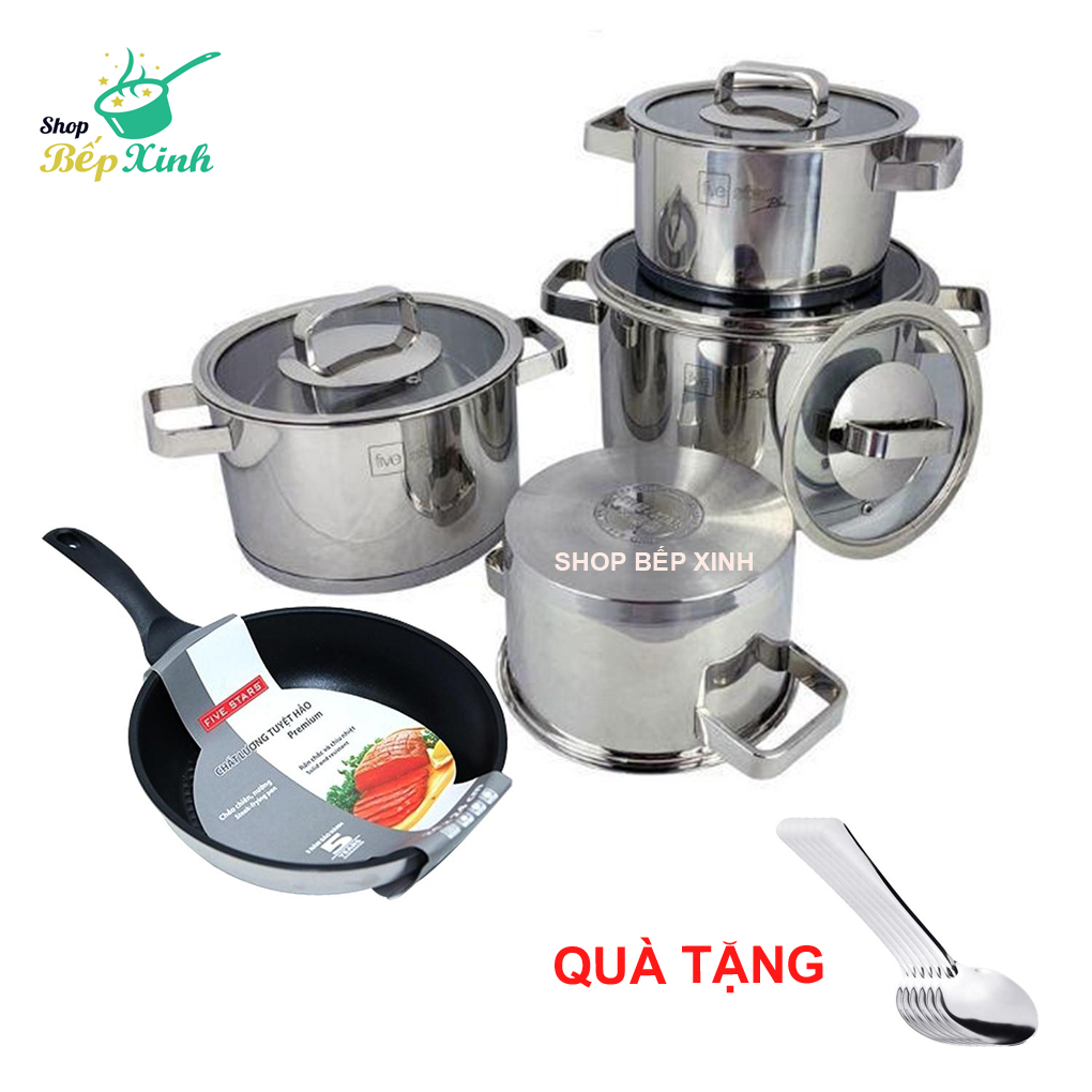 Bộ nồi chảo cao cấp FIVESTAR 5 chiếc inox 304 , nắp kính , 3 đáy bếp từ  ( tặng 2 vá canh )