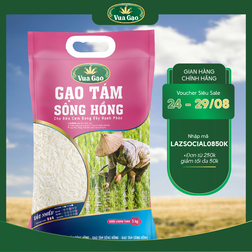 Gạo Thơm Tám Sông Hồng Túi 5kg - Chính Hãng Vua Gạo - Gạo Dẻo Nhiều, Ngọt Hậu, Ráo Cơm