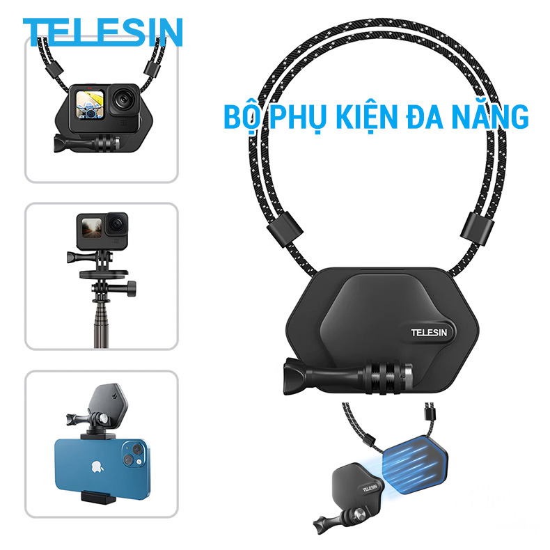 Bộ phụ kiện đang năng gopro nhiều năng dùng làm vòng đeo cổ, đế hít nam châm đeo ngực gopro xoay 180 độ cho gopro, điện thoại, dji acition...