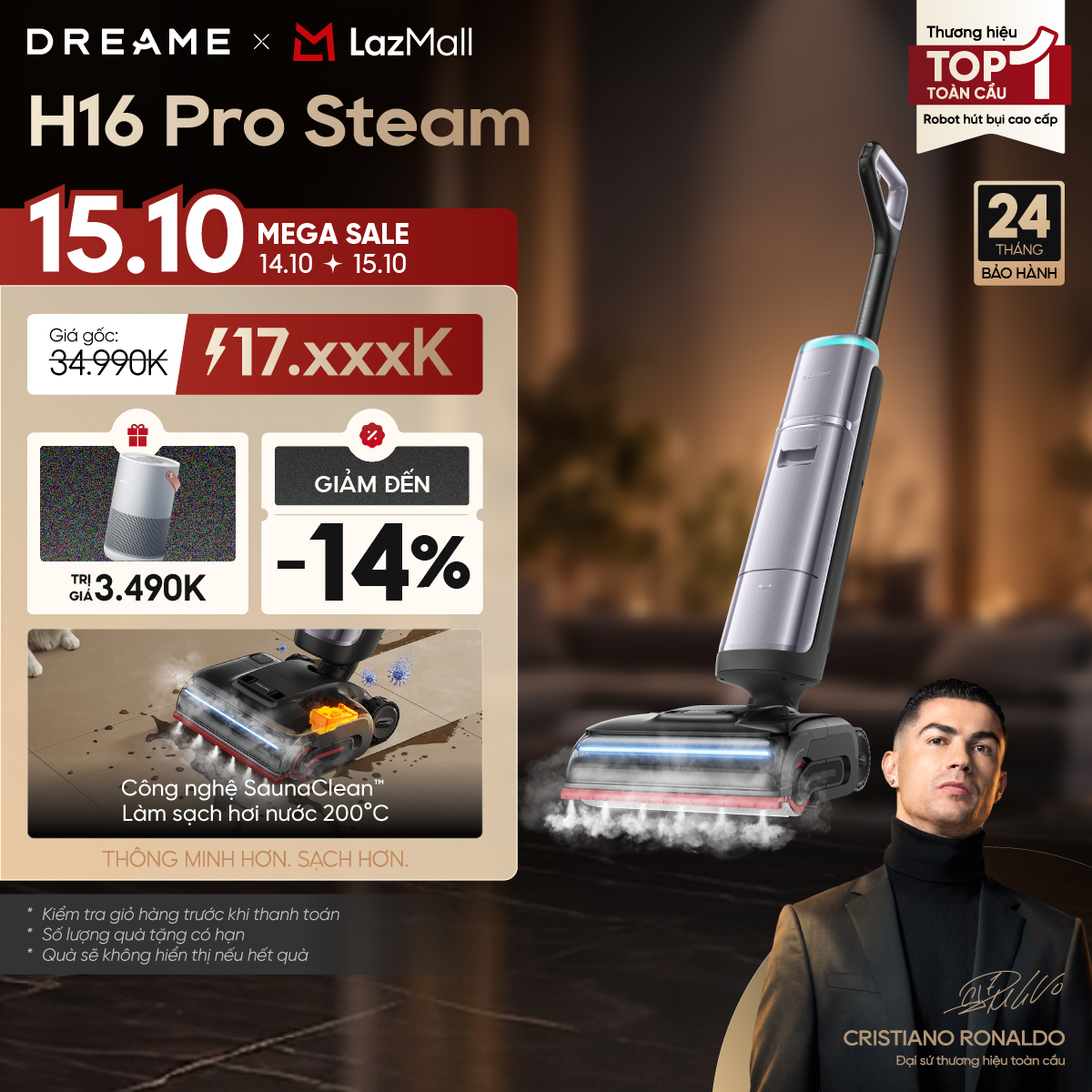 Dreame H16 Pro Steam Cordless Floor Cleaning Vacuum Cleaner |   Steam Mop the Floor 200 ℃ |   Dual Arm Ai Technology |   24-Month Warranty