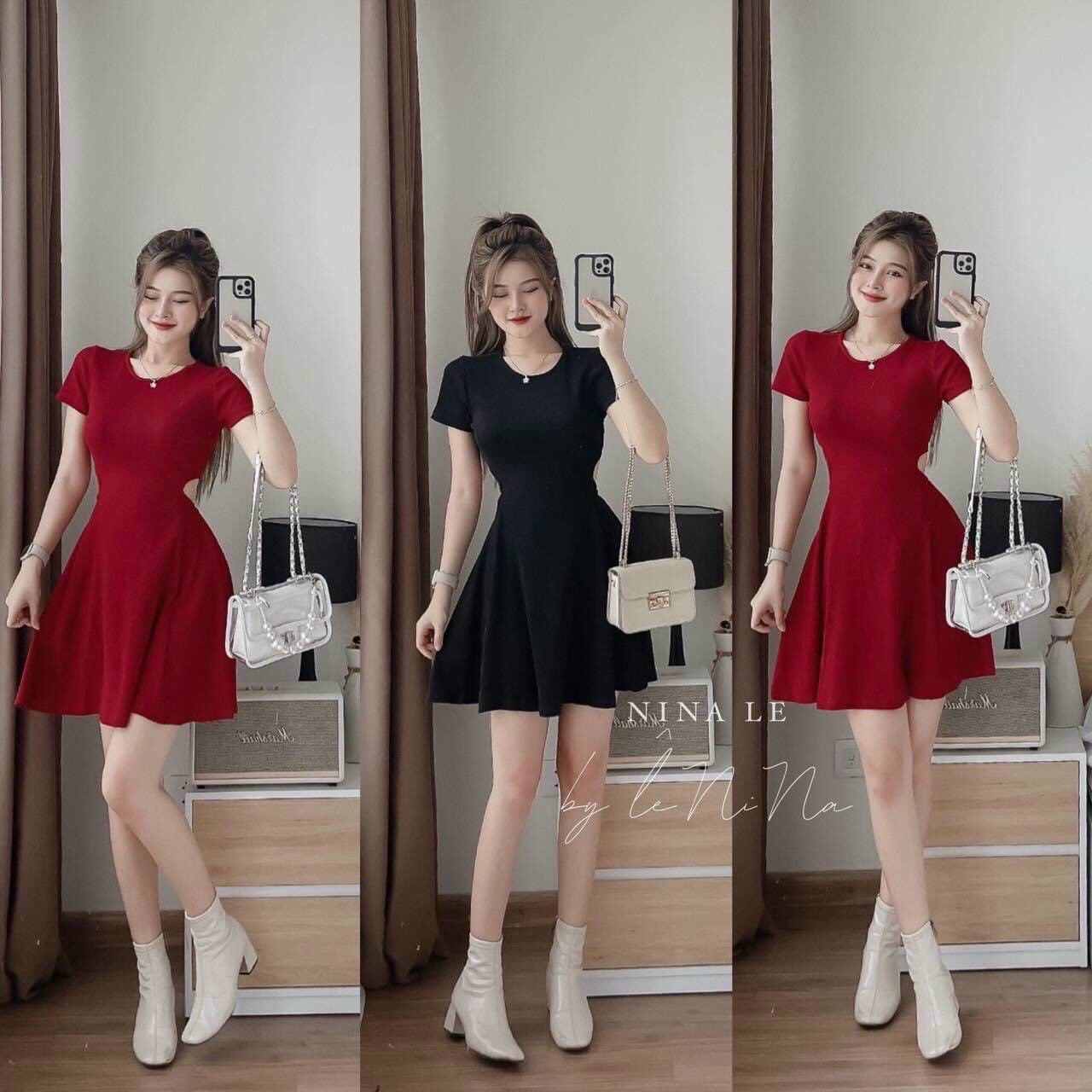 Váy đầm nữ dáng xòe hở eo cột nơ lưng xinh xắn