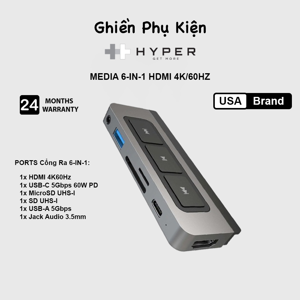 Hub hyperdrive 6in1 hdmi 4k/60hz cổng chuyển type c dành cho ipad air/pro - hd499