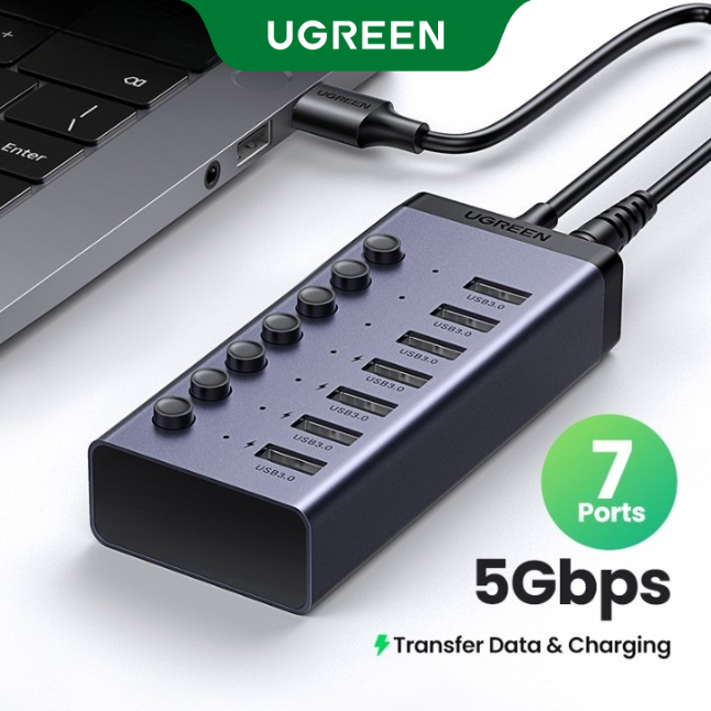 【EU Plug UGREEN USB Hub 3.0 Powered USB Hub 7 Port Individual Splitter and LED Indicator 12V/2A Aluminum Dock Station for PC Laptop, Mac, MacBook Pro/Air