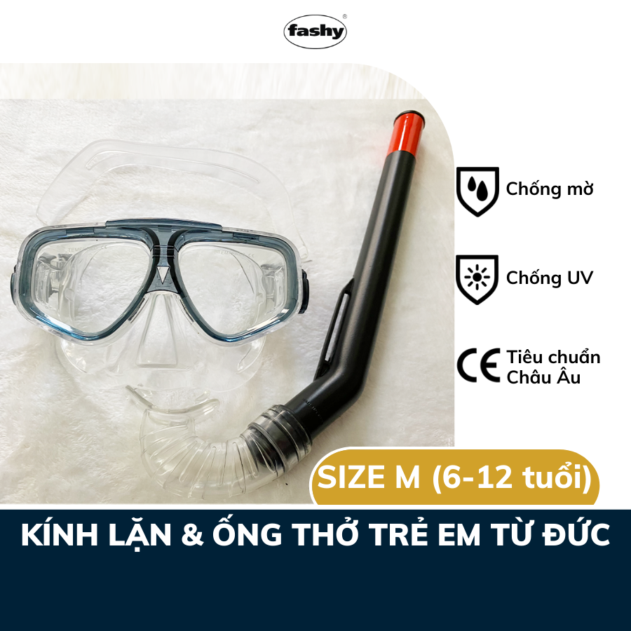 Kính lặn trẻ em kèm ống thở nhập khẩu từ Đức thương hiệu Fashy, đạt tiêu chuẩn chất lượng Châu Âu, thiết kế phù hợp lặn hồ, biển cho cả bé trai và bé gái 6-12 tuổi - size M nhiều màu