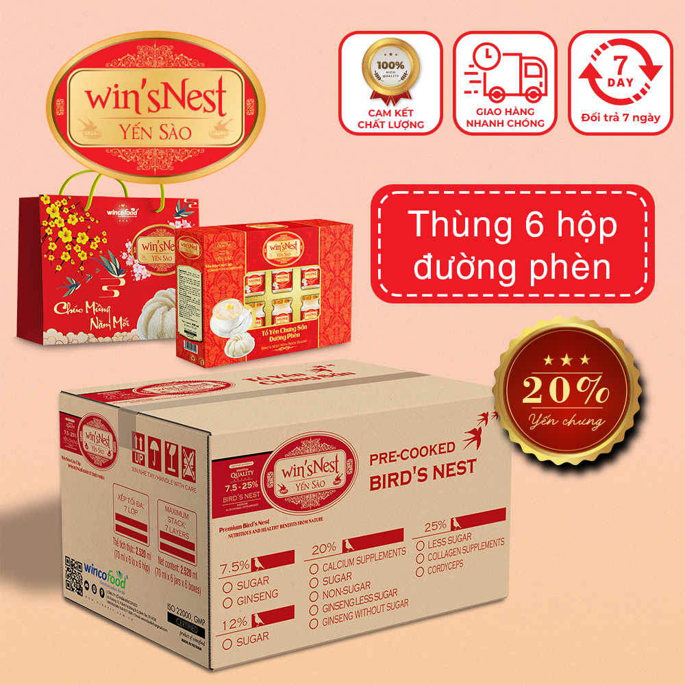 Combo 6 hộp (20%) Yến sào win'sNest tổ yến chưng sẵn đường phèn (6 lọ/hộp) phù hợp cho mọi đối tượng và trẻ từ 1 tuổi trở lên giúp bồi bổ sức khỏe.(TẶNG KÈM TÚI XÁCH)