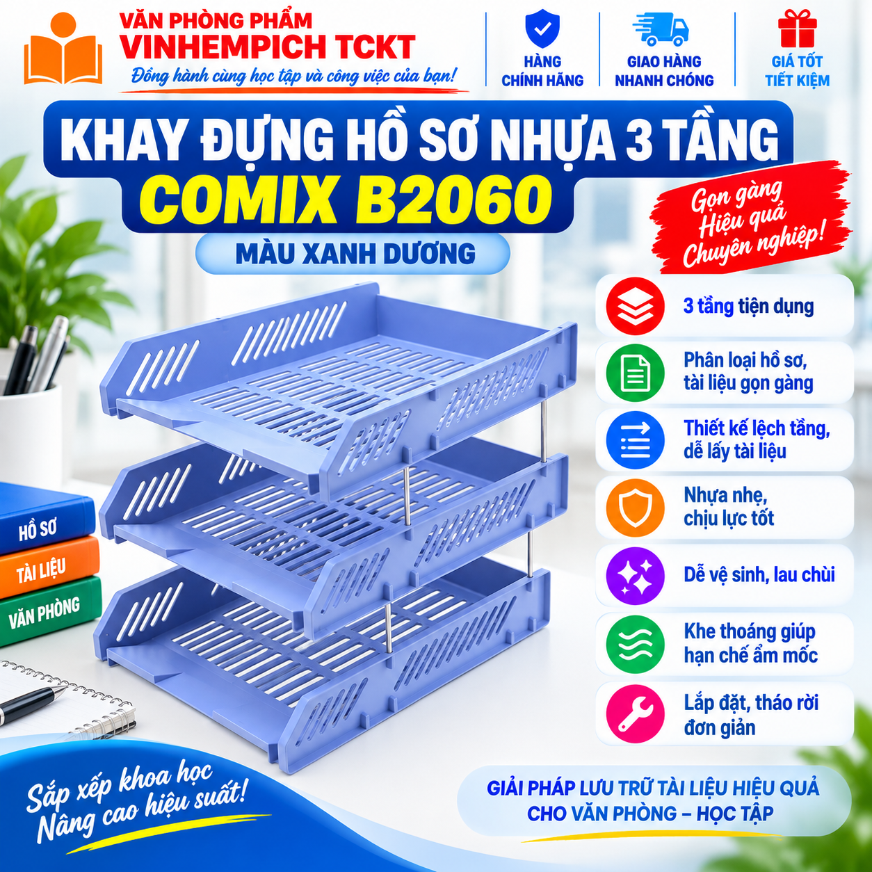 Khay đựng hồ sơ nhựa 3 tầng comix b2060 màu xanh dương